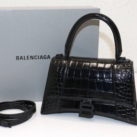 Balenciaga Hourglass Small Handbag Crocodile Embossed - Black - Picture 1 of 14